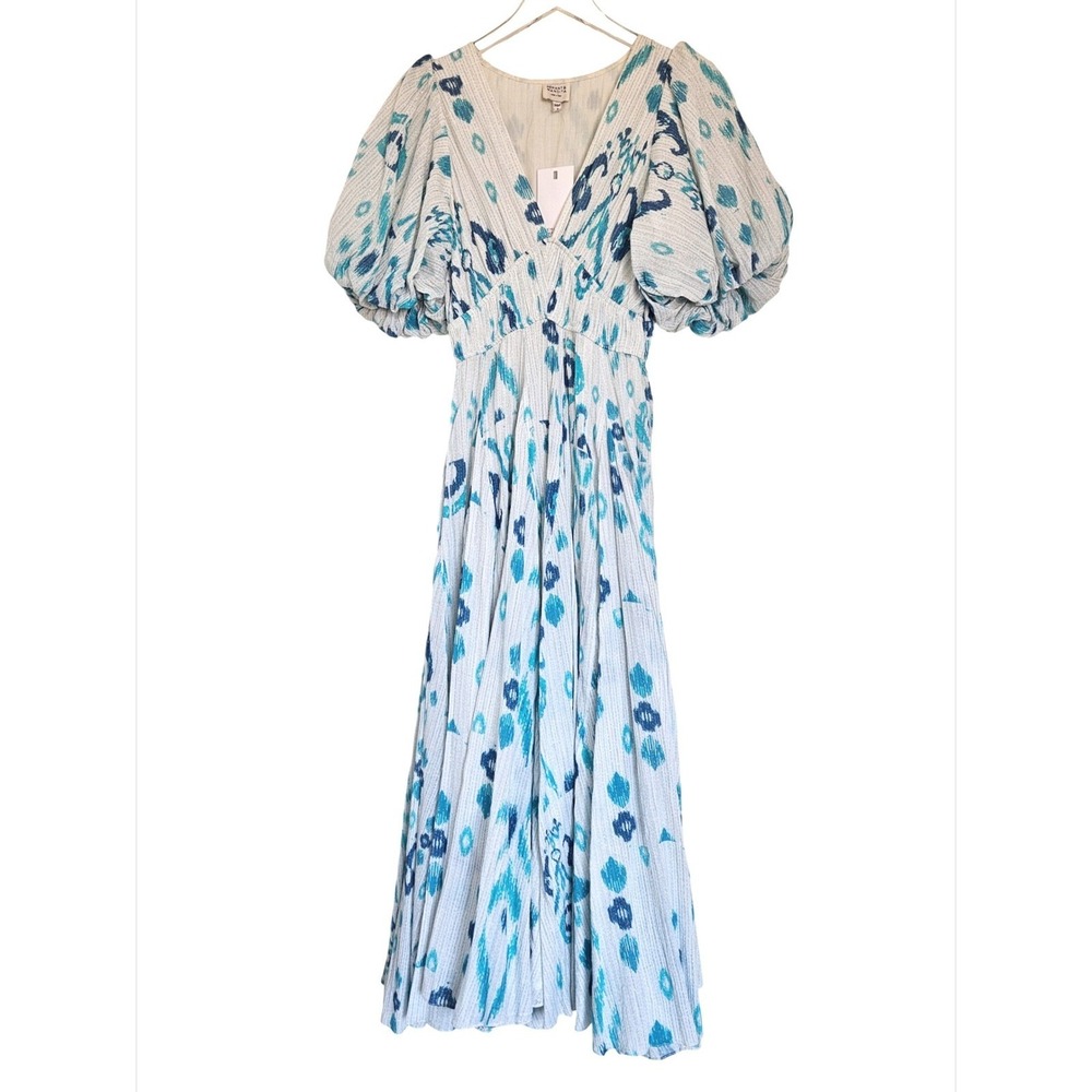 Hemant & Nandita Blue Ikat Floral Puff Sleeve Midi Dress White Metallic Sz Small - Picture 3 of 10
